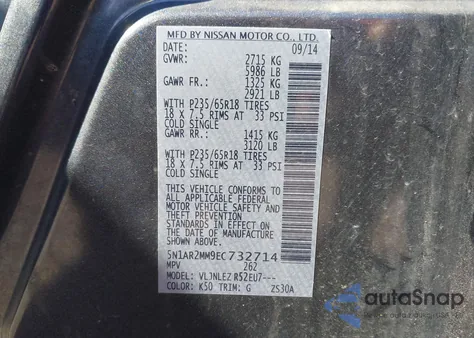 2014 Nissan Pathfinder Sv z USA, uszkodzony, nr VIN 5N1AR2MM9EC732714